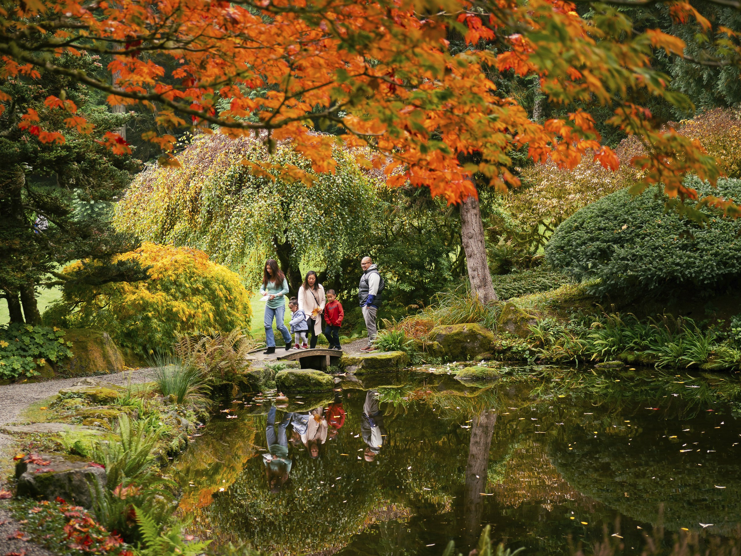 A family walks along the trails at Bloedel Reserve, surrounded by the vibrant colors of autumn.