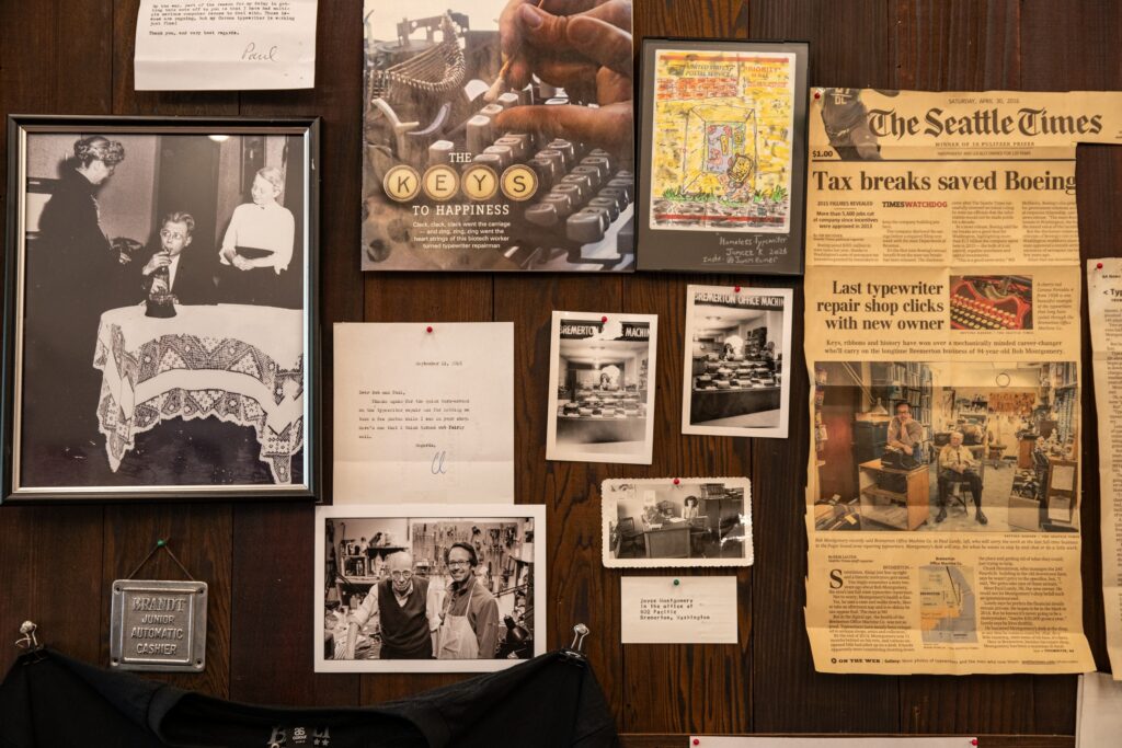 Photos, newspaper clippings and thank-you notes line the walls, preserving memories of Bob Montgomery and the history of Bremerton Typewriter Co.