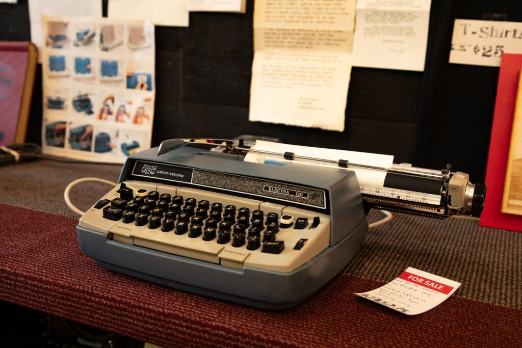Vintage typewriters for sale fill the showroom at Bremerton Typewriter Co., where sales help support the shop’s repair work.