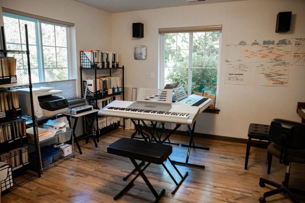 Multiple keyboards allow students at Kastanopolous Piano Studio to practice playing together.